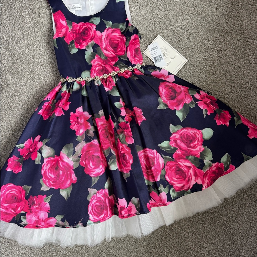 Sleeveless Navy Dress with Hot Pink Rose Print and Jeweled Waist for Girls